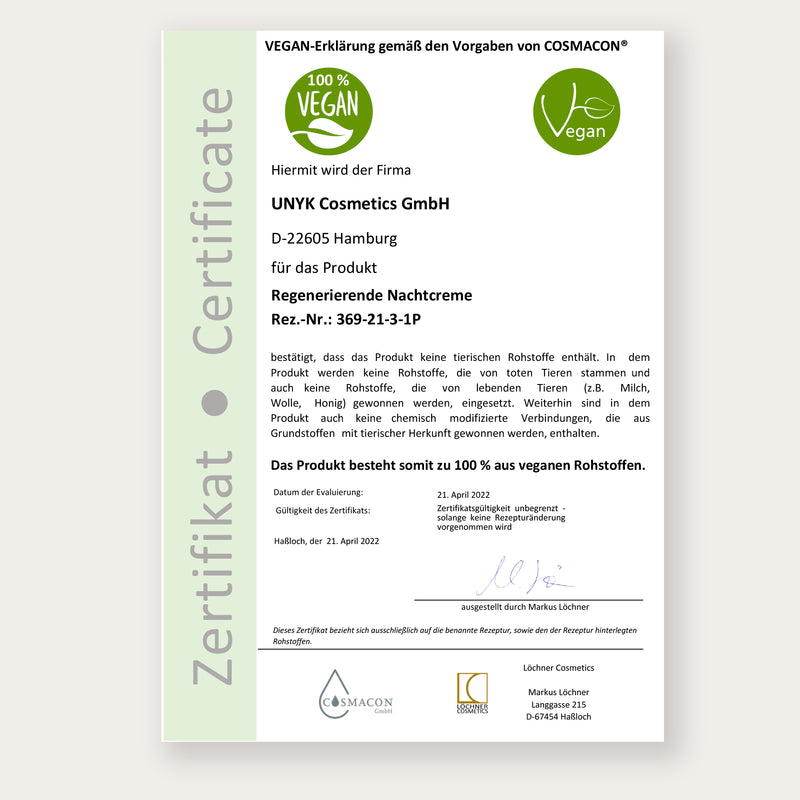 Veganes Zertifikat von der regenerierenden Nachtcreme von UNYK Cosmetics.